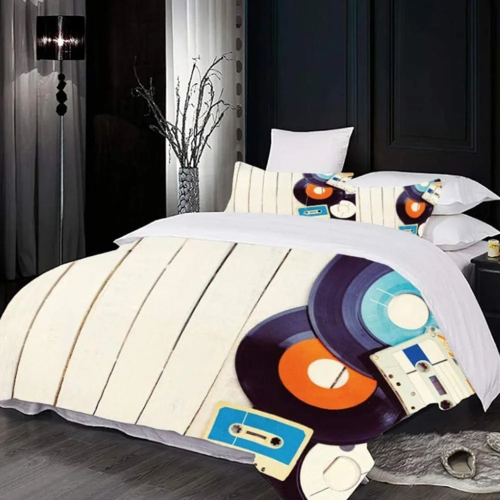 Indie Duvet Cover Set Nostalgic for Vinyl and Cassette Sz Queen NWT